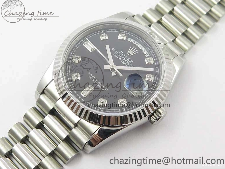 0415 TopPick Day-Date 36 SS 128239 Bp Maker Best Edition Black Dial Crystral Markers on President Bracelet 3149